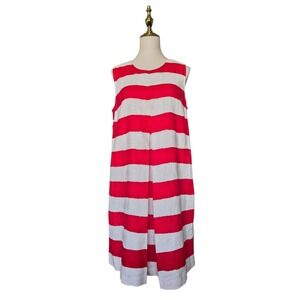 J. McLaughlin Red White Striped Sleeveless Linen Dress Pockets Size L Holiday